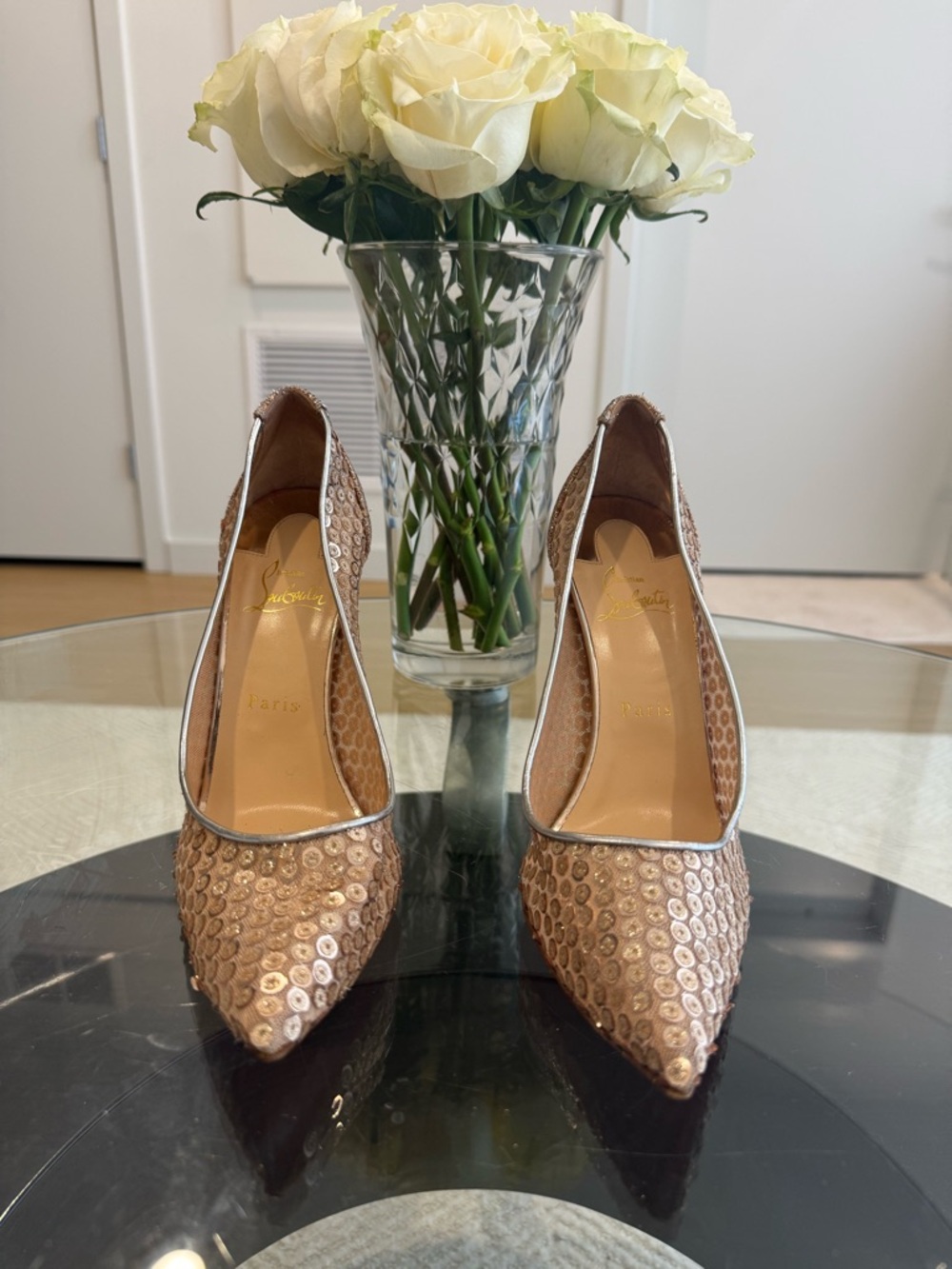 Christian Louboutin Rose-Gold Sequin Pointed-Toe Pumps